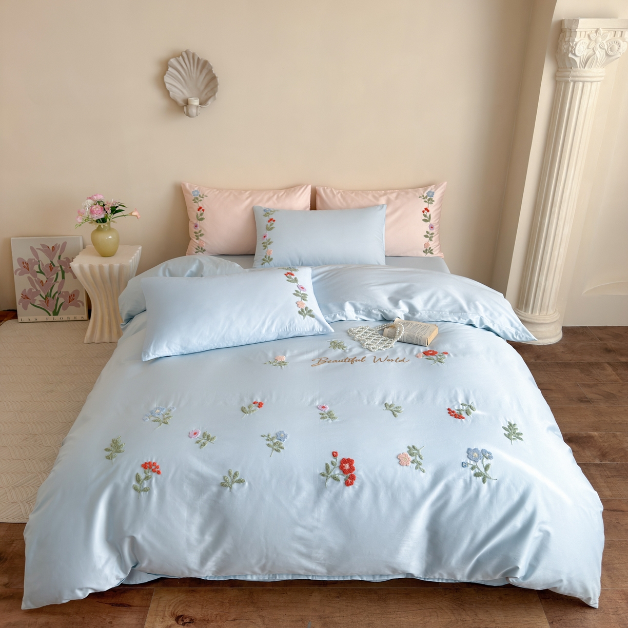 91家纺网 家纺一手货源 找家纺 优彩 2026春夏新款A类100支长绒棉毛巾绣四件套系列 醉花阴-蓝