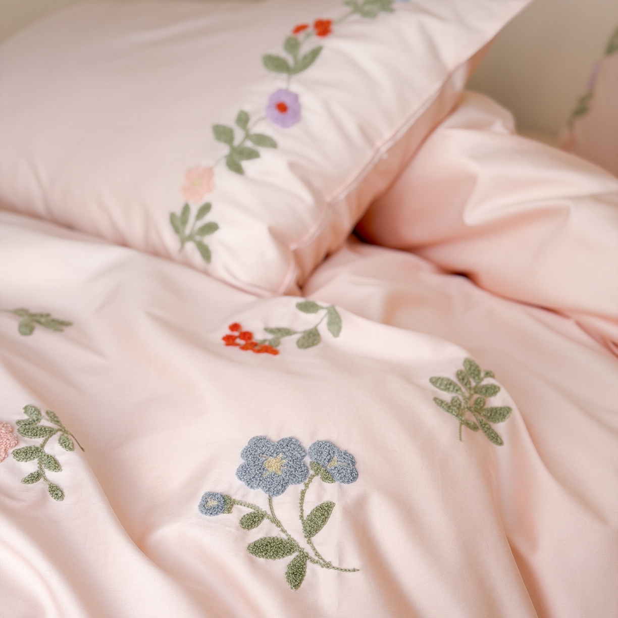 91家纺网 家纺一手货源 找家纺 优彩 2026春夏新款A类100支长绒棉毛巾绣四件套系列 醉花阴-粉