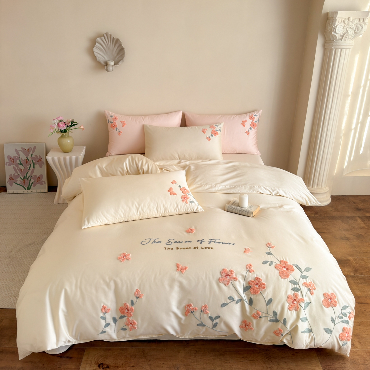 91家纺网 家纺一手货源 找家纺 优彩 2026春夏新款A类100支长绒棉毛巾绣四件套系列 满庭芳-奶油白