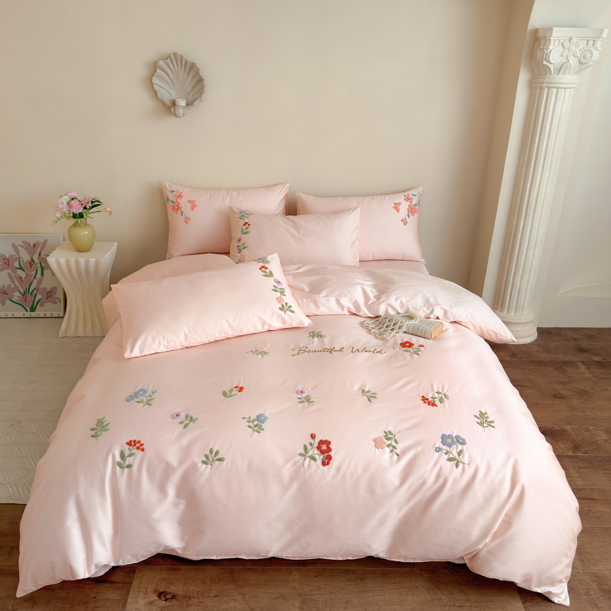 91家纺网 家纺一手货源 找家纺 优彩 2026春夏新款A类100支长绒棉毛巾绣四件套系列 醉花阴-粉