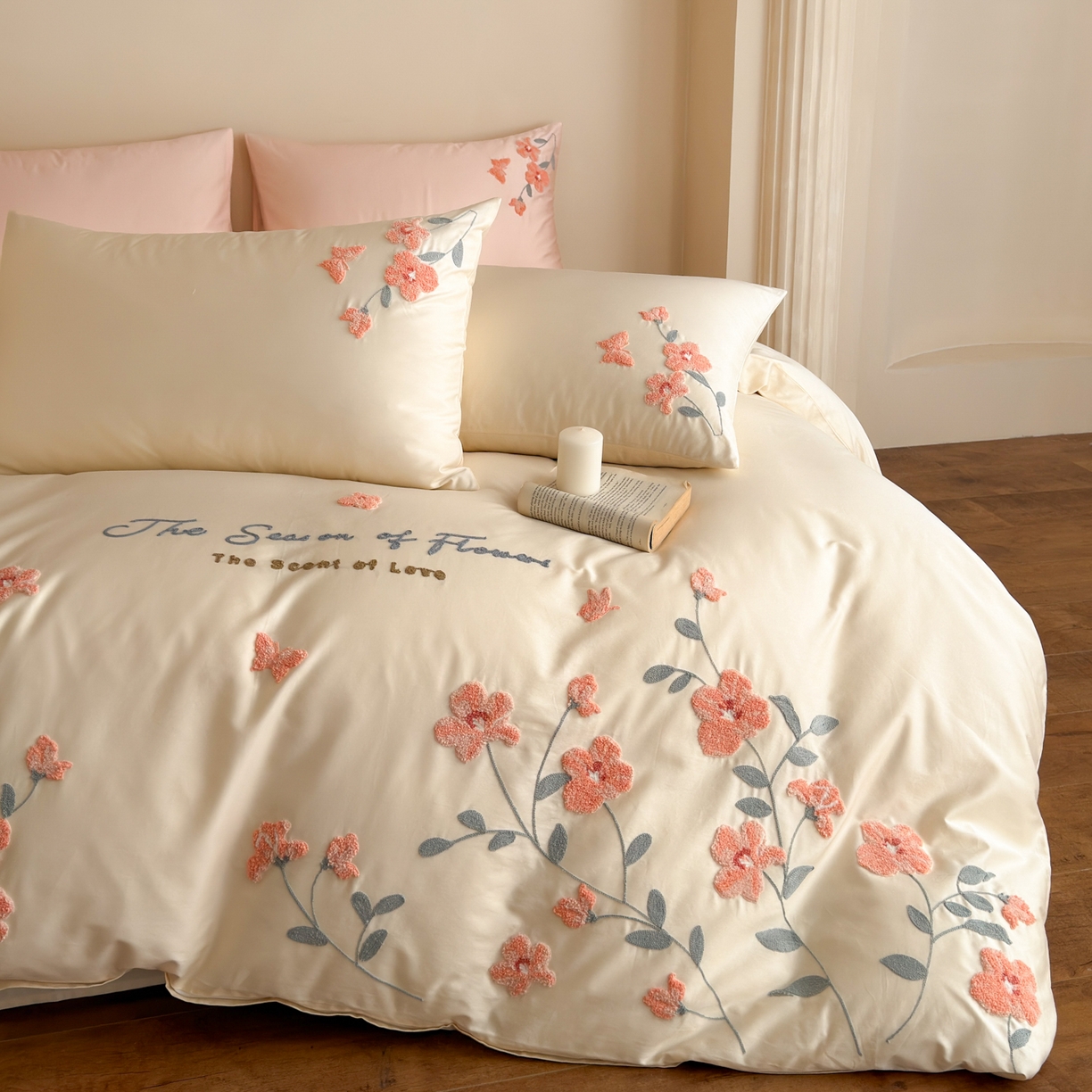 91家纺网 家纺一手货源 找家纺 优彩 2026春夏新款A类100支长绒棉毛巾绣四件套系列 满庭芳-奶油白