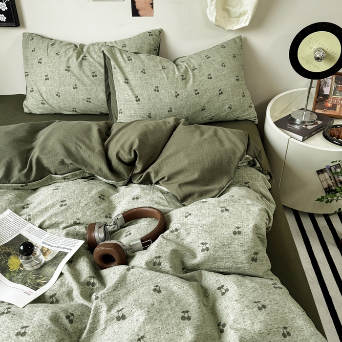 91家纺网 家纺一手货源 找家纺 雅阁尔家纺 2026新款轻奢复古美拉德风泡芙棉四件套水洗棉双层纱床单被套学生宿舍三件套床笠款 绿樱
