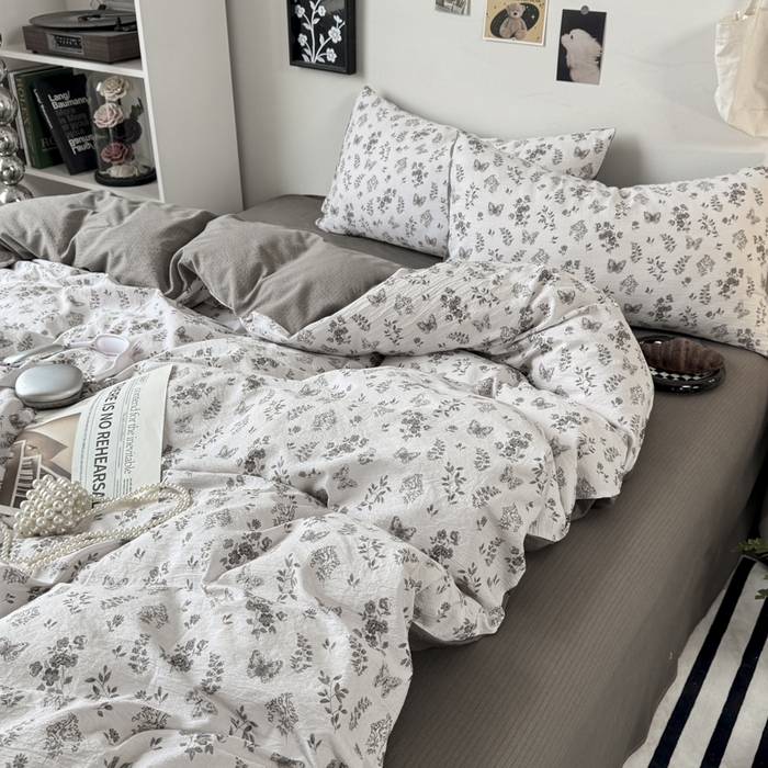 91家纺网 家纺一手货源 找家纺 雅阁尔家纺 2026新款轻奢复古美拉德风泡芙棉四件套水洗棉双层纱床单被套学生宿舍三件套床笠款 素蝶吟