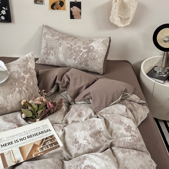 雅阁尔家纺 2026新款轻奢复古美拉德风泡芙棉四件套水洗棉双层纱床单被套学生宿舍三件套床笠款 知音咖