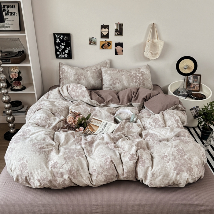 91家纺网 家纺一手货源 找家纺 雅阁尔家纺 2026新款轻奢复古美拉德风泡芙棉四件套水洗棉双层纱床单被套学生宿舍三件套床笠款 知音咖