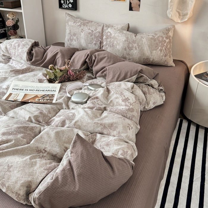 91家纺网 家纺一手货源 找家纺 雅阁尔家纺 2026新款轻奢复古美拉德风泡芙棉四件套水洗棉双层纱床单被套学生宿舍三件套床笠款 知音咖