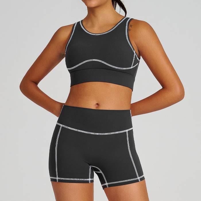 91家纺网 家纺一手货源 找家纺 （总）沐珩家纺 2026新款跨境户外运动套装短裤背心撞色跑步速干运动内衣吊带瑜伽服套装女可印字印logo