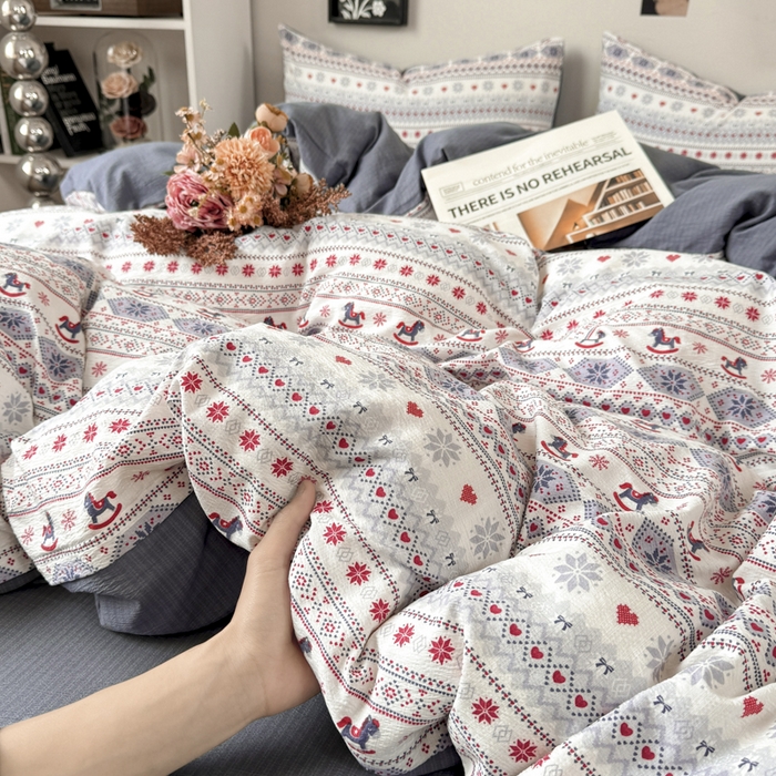 91家纺网 家纺一手货源 找家纺 （总）雅阁尔家纺 2026新款复古美拉德风泡芙棉双层纱床单床笠款水洗棉四件套学生宿舍三件套单被套