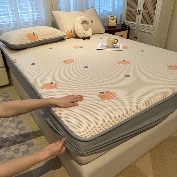 凯罗 2026新款卡通实拍小红书爆款凉豆豆绣花凉席床笠可水洗床笠席子 小南瓜-桔