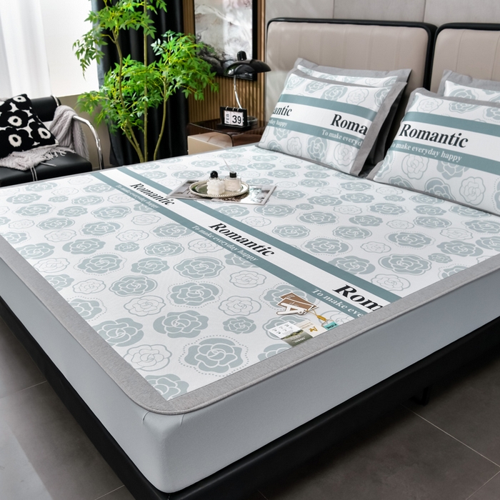 91家纺网 家纺一手货源 找家纺 小牛席业 2025新款加厚款-碳光凉感冰丝席系列（床笠款）凉席藤席冰藤席冰丝席竹席空调席草席乳胶席凉感豆豆席三 烂漫山茶花（床笠款）