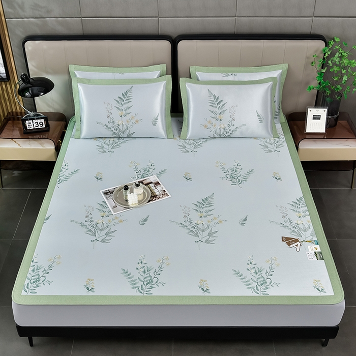 91家纺网 家纺一手货源 找家纺 小牛席业 2025新款加厚款-碳光凉感冰丝席系列（床笠款）凉席藤席冰藤席冰丝席竹席空调席草席乳胶席凉感豆豆席三 仙仙草（床笠款）