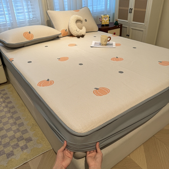 91家纺网 家纺一手货源 找家纺 凯罗 2026新款卡通实拍小红书爆款凉豆豆绣花凉席床笠可水洗床笠席子 小南瓜-桔