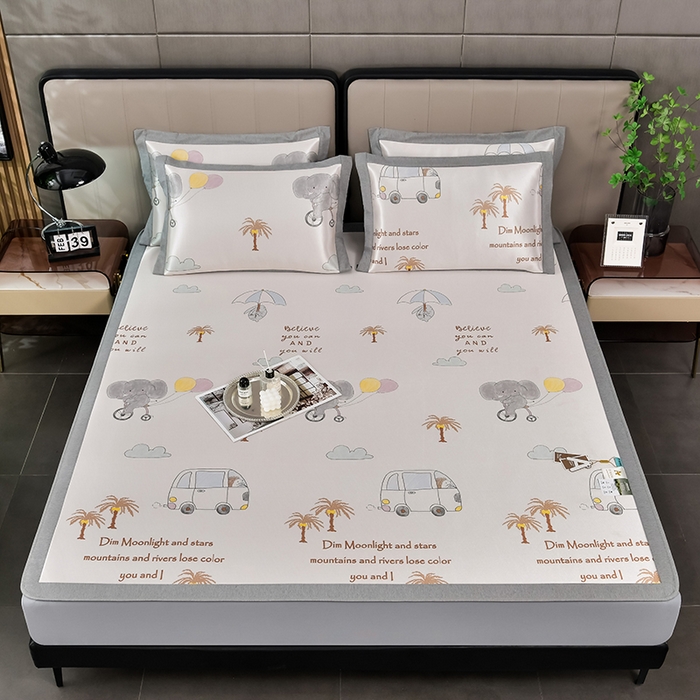 91家纺网 家纺一手货源 找家纺 小牛席业 2025新款加厚款-碳光凉感冰丝席系列（床笠款）凉席藤席冰藤席冰丝席竹席空调席草席乳胶席凉感豆豆席三 椰树与大象（床笠款）