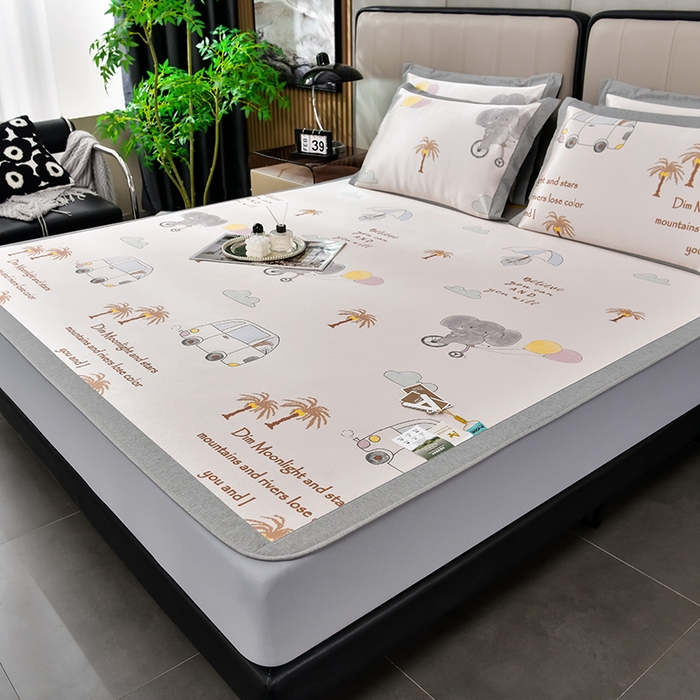 91家纺网 家纺一手货源 找家纺 小牛席业 2025新款加厚款-碳光凉感冰丝席系列（床笠款）凉席藤席冰藤席冰丝席竹席空调席草席乳胶席凉感豆豆席三 椰树与大象（床笠款）