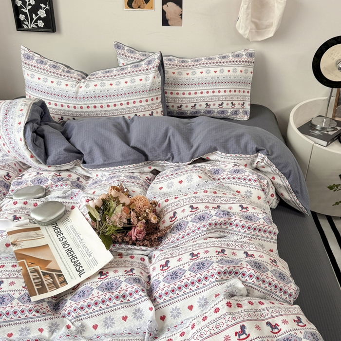 91家纺网 家纺一手货源 找家纺 （总）雅阁尔家纺 2026新款复古美拉德风泡芙棉双层纱床单床笠款水洗棉四件套学生宿舍三件套单被套