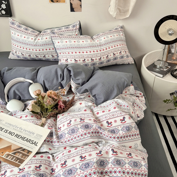 91家纺网 家纺一手货源 找家纺 （总）雅阁尔家纺 2026新款复古美拉德风泡芙棉双层纱床单床笠款水洗棉四件套学生宿舍三件套单被套