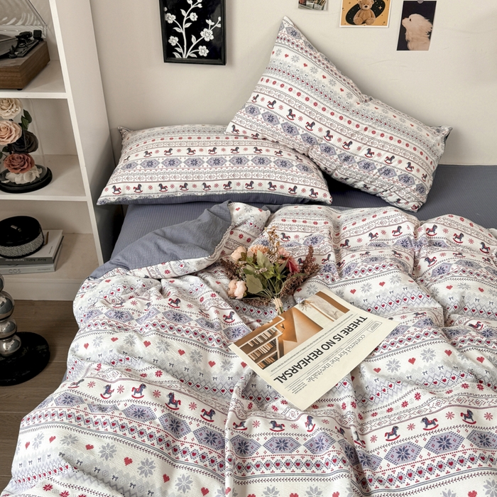 91家纺网 家纺一手货源 找家纺 （总）雅阁尔家纺 2026新款复古美拉德风泡芙棉双层纱床单床笠款水洗棉四件套学生宿舍三件套单被套