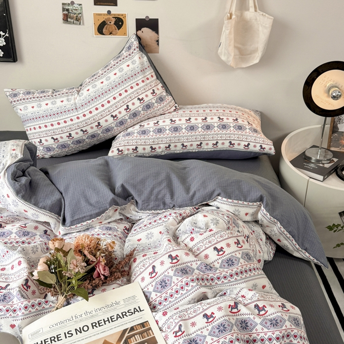 91家纺网 家纺一手货源 找家纺 （总）雅阁尔家纺 2026新款复古美拉德风泡芙棉双层纱床单床笠款水洗棉四件套学生宿舍三件套单被套