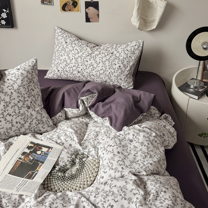 91家纺网 家纺一手货源 找家纺 雅阁尔家纺 2026新款复古美拉德风泡芙棉双层纱床单床笠款水洗棉四件套学生宿舍三件套单被套 春风拂梦