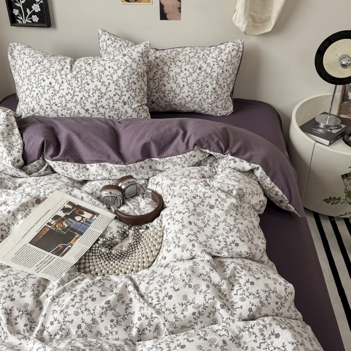 91家纺网 家纺一手货源 找家纺 雅阁尔家纺 2026新款复古美拉德风泡芙棉双层纱床单床笠款水洗棉四件套学生宿舍三件套单被套 春风拂梦