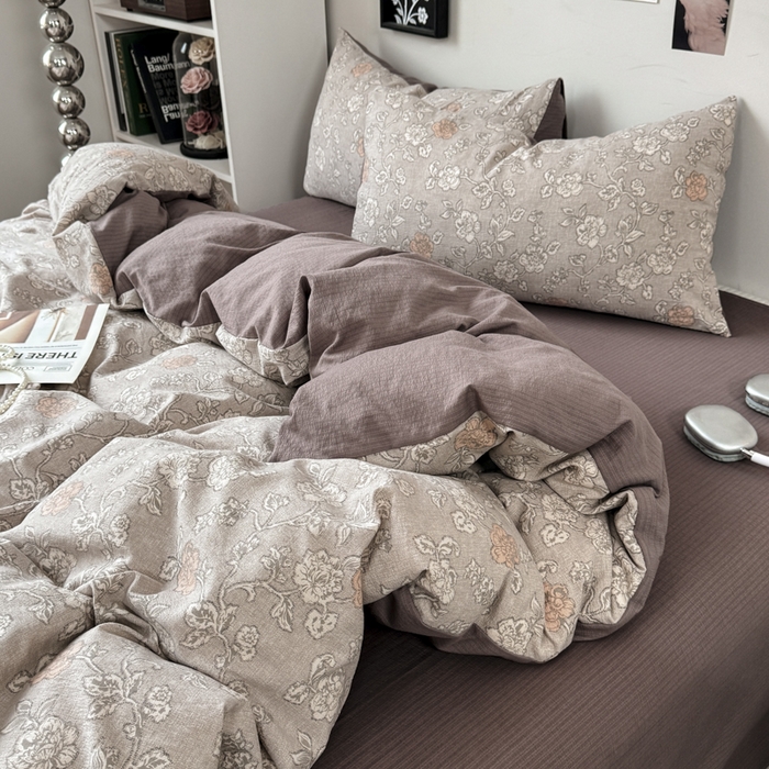 91家纺网 家纺一手货源 找家纺 雅阁尔家纺 2026新款复古美拉德风泡芙棉双层纱床单床笠款水洗棉四件套学生宿舍三件套单被套 风华若诗