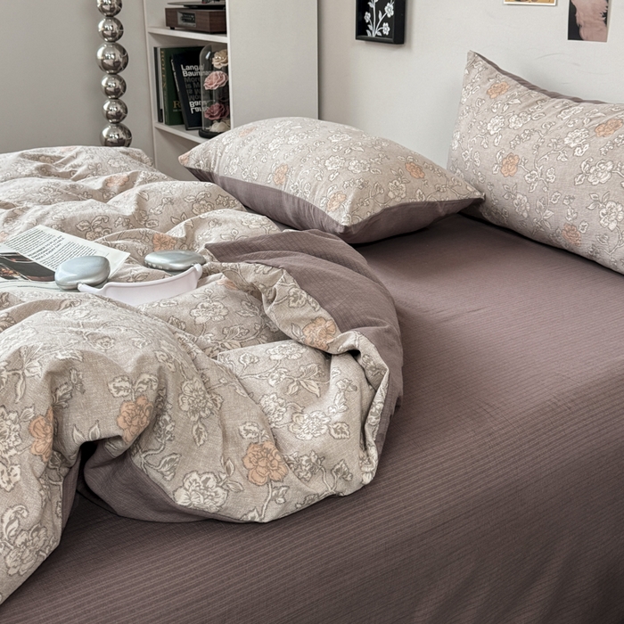 91家纺网 家纺一手货源 找家纺 雅阁尔家纺 2026新款复古美拉德风泡芙棉双层纱床单床笠款水洗棉四件套学生宿舍三件套单被套 风华若诗