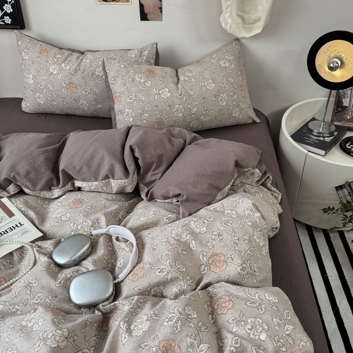 91家纺网 家纺一手货源 找家纺 雅阁尔家纺 2026新款复古美拉德风泡芙棉双层纱床单床笠款水洗棉四件套学生宿舍三件套单被套 风华若诗