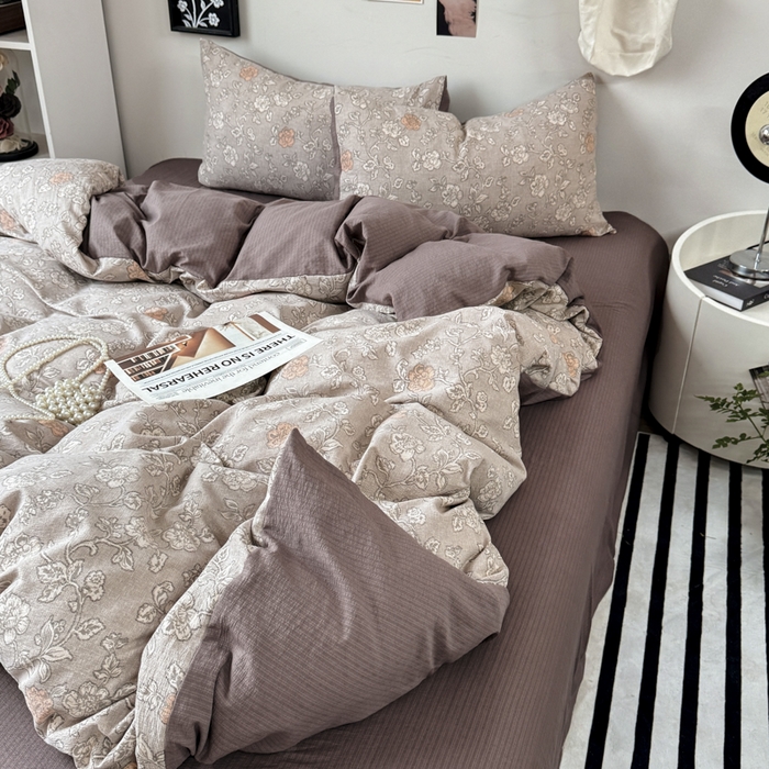 91家纺网 家纺一手货源 找家纺 雅阁尔家纺 2026新款复古美拉德风泡芙棉双层纱床单床笠款水洗棉四件套学生宿舍三件套单被套 风华若诗