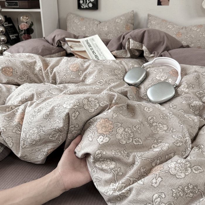 雅阁尔家纺 2026新款复古美拉德风泡芙棉双层纱床单床笠款水洗棉四件套学生宿舍三件套单被套 风华若诗