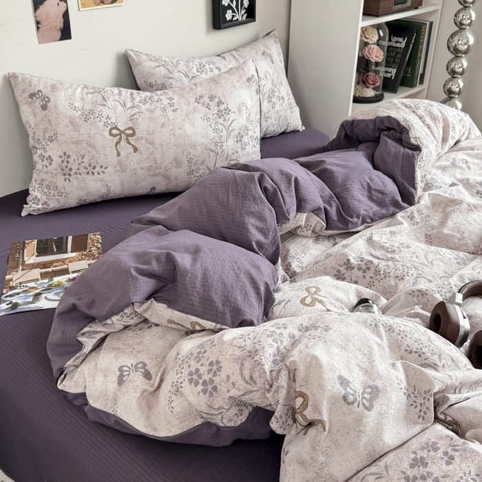 91家纺网 家纺一手货源 找家纺 雅阁尔家纺 2026新款复古美拉德风泡芙棉双层纱床单床笠款水洗棉四件套学生宿舍三件套单被套 花姿