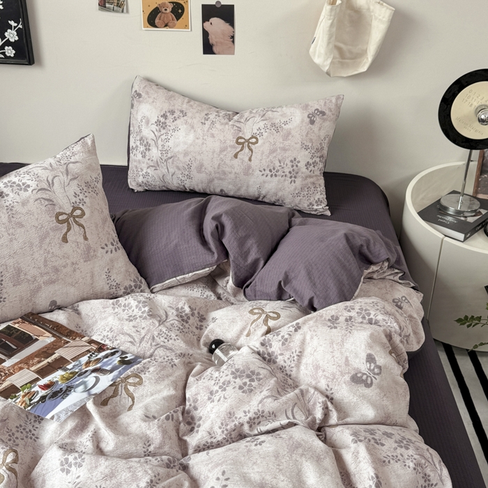 91家纺网 家纺一手货源 找家纺 雅阁尔家纺 2026新款复古美拉德风泡芙棉双层纱床单床笠款水洗棉四件套学生宿舍三件套单被套 花姿