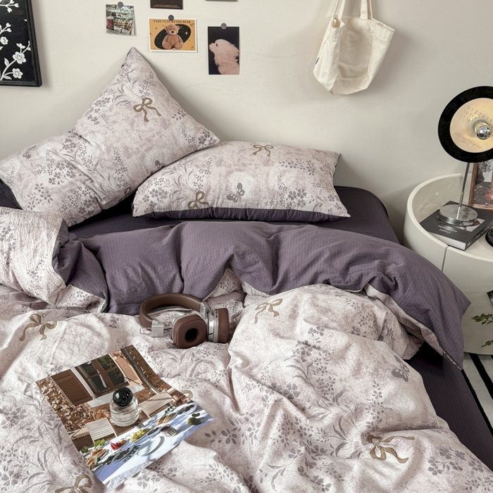 91家纺网 家纺一手货源 找家纺 雅阁尔家纺 2026新款复古美拉德风泡芙棉双层纱床单床笠款水洗棉四件套学生宿舍三件套单被套 花姿