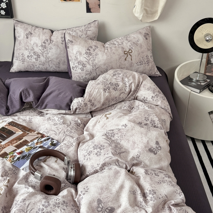 91家纺网 家纺一手货源 找家纺 雅阁尔家纺 2026新款复古美拉德风泡芙棉双层纱床单床笠款水洗棉四件套学生宿舍三件套单被套 花姿