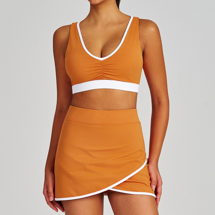（总）沐珩家纺 2026新款拼色抽皱防震速干短裤健身上衣运动文胸内衣瑜伽网球短裙套装女可印字印logo