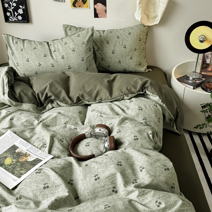 91家纺网 家纺一手货源 找家纺 雅阁尔家纺 2026新款复古美拉德风泡芙棉双层纱床单床笠款水洗棉四件套学生宿舍三件套单被套 绿樱