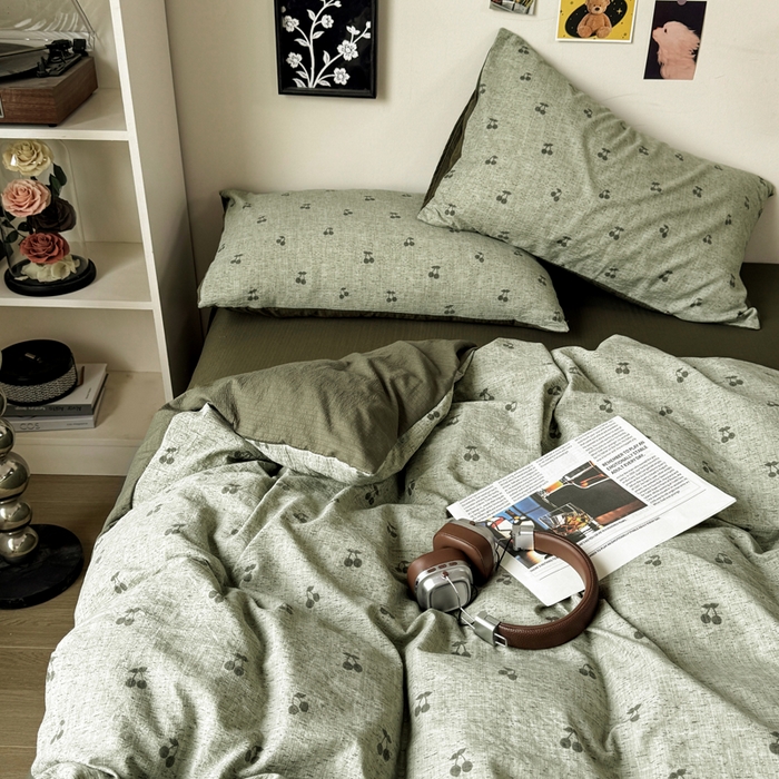 91家纺网 家纺一手货源 找家纺 雅阁尔家纺 2026新款复古美拉德风泡芙棉双层纱床单床笠款水洗棉四件套学生宿舍三件套单被套 绿樱