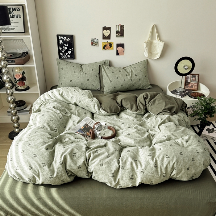 91家纺网 家纺一手货源 找家纺 雅阁尔家纺 2026新款复古美拉德风泡芙棉双层纱床单床笠款水洗棉四件套学生宿舍三件套单被套 绿樱