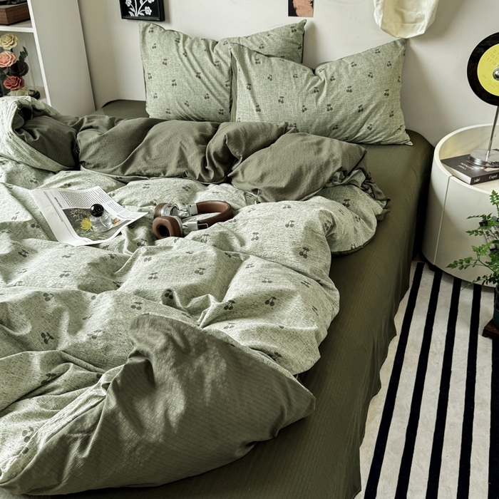 91家纺网 家纺一手货源 找家纺 雅阁尔家纺 2026新款复古美拉德风泡芙棉双层纱床单床笠款水洗棉四件套学生宿舍三件套单被套 绿樱