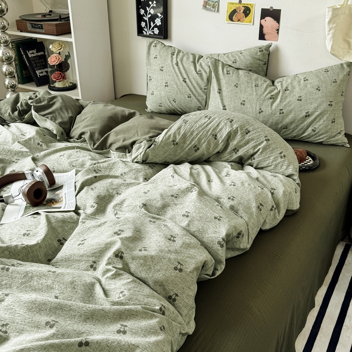 91家纺网 家纺一手货源 找家纺 雅阁尔家纺 2026新款复古美拉德风泡芙棉双层纱床单床笠款水洗棉四件套学生宿舍三件套单被套 绿樱