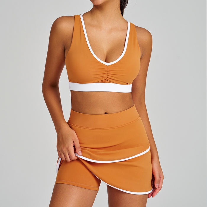 91家纺网 家纺一手货源 找家纺 （总）沐珩家纺 2026新款拼色抽皱防震速干短裤健身上衣运动文胸内衣瑜伽网球短裙套装女可印字印logo