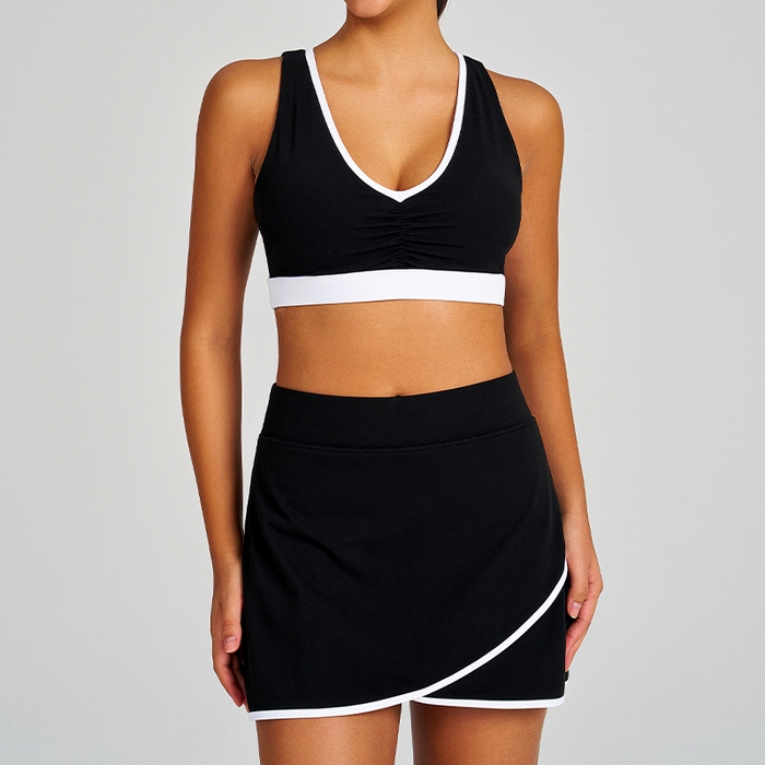 91家纺网 家纺一手货源 找家纺 （总）沐珩家纺 2026新款拼色抽皱防震速干短裤健身上衣运动文胸内衣瑜伽网球短裙套装女可印字印logo