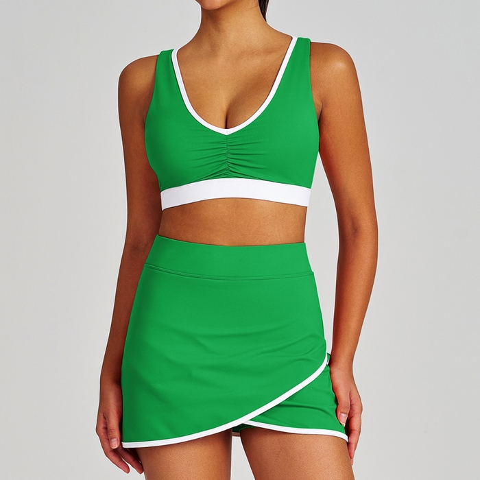 91家纺网 家纺一手货源 找家纺 （总）沐珩家纺 2026新款拼色抽皱防震速干短裤健身上衣运动文胸内衣瑜伽网球短裙套装女可印字印logo