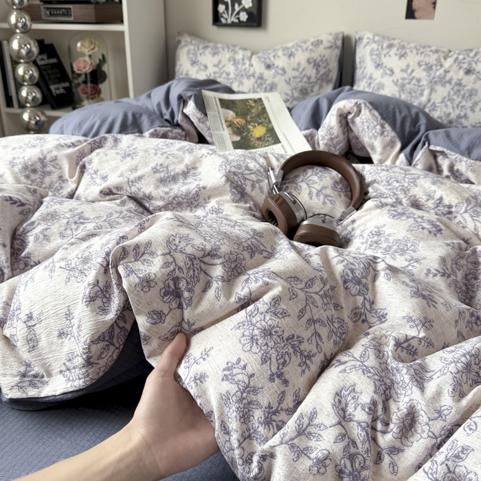 雅阁尔家纺 2026新款复古美拉德风泡芙棉双层纱床单床笠款水洗棉四件套学生宿舍三件套单被套 青花瓷