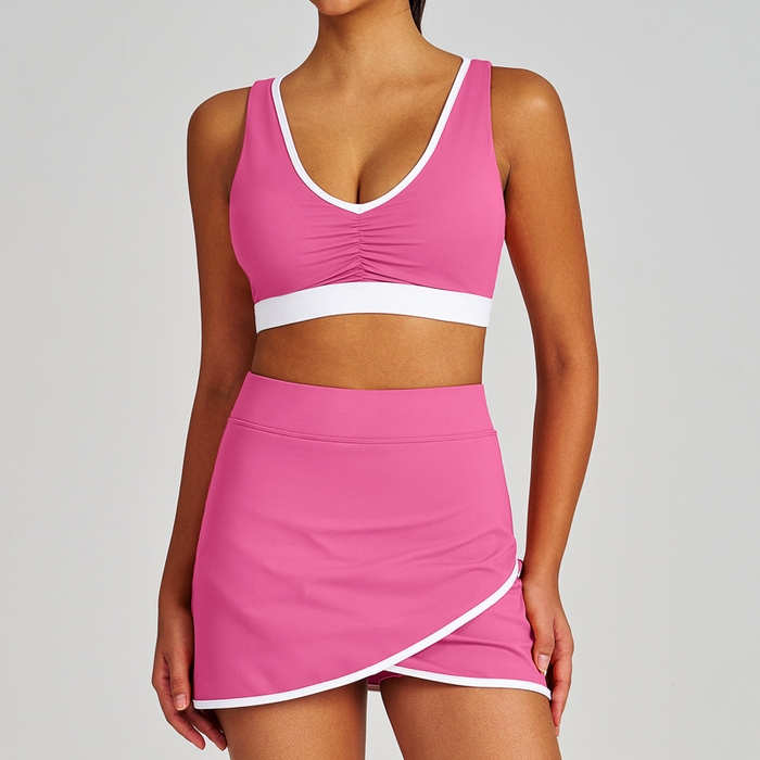 91家纺网 家纺一手货源 找家纺 （总）沐珩家纺 2026新款拼色抽皱防震速干短裤健身上衣运动文胸内衣瑜伽网球短裙套装女可印字印logo