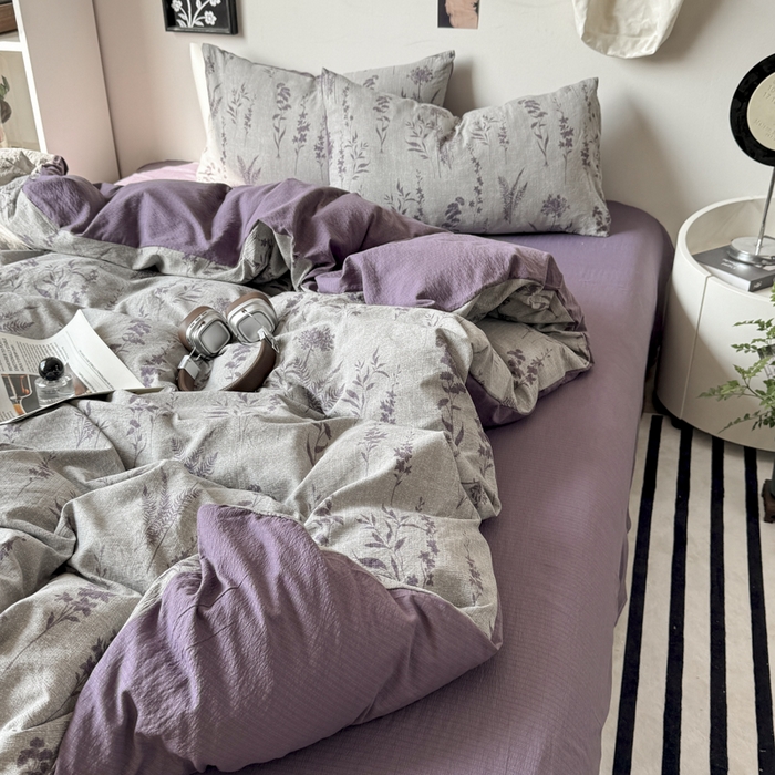 91家纺网 家纺一手货源 找家纺 雅阁尔家纺 2026新款复古美拉德风泡芙棉双层纱床单床笠款水洗棉四件套学生宿舍三件套单被套 紫苏