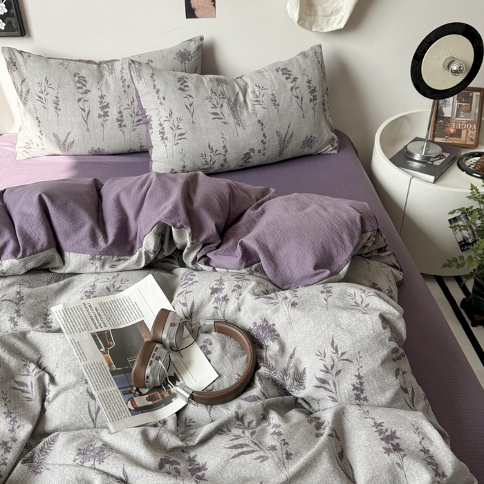 91家纺网 家纺一手货源 找家纺 雅阁尔家纺 2026新款复古美拉德风泡芙棉双层纱床单床笠款水洗棉四件套学生宿舍三件套单被套 紫苏
