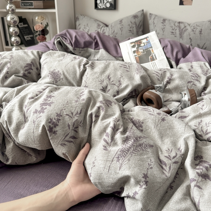 雅阁尔家纺 2026新款复古美拉德风泡芙棉双层纱床单床笠款水洗棉四件套学生宿舍三件套单被套 紫苏