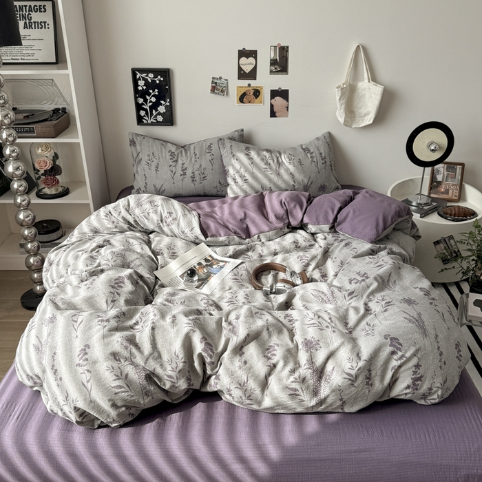 91家纺网 家纺一手货源 找家纺 雅阁尔家纺 2026新款复古美拉德风泡芙棉双层纱床单床笠款水洗棉四件套学生宿舍三件套单被套 紫苏