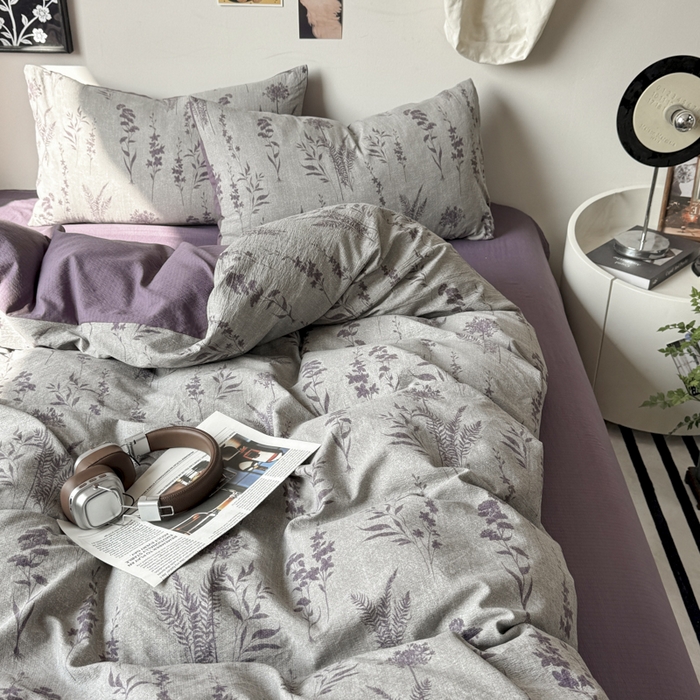 91家纺网 家纺一手货源 找家纺 雅阁尔家纺 2026新款复古美拉德风泡芙棉双层纱床单床笠款水洗棉四件套学生宿舍三件套单被套 紫苏