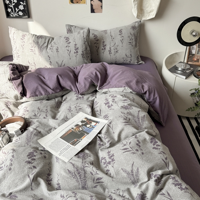 91家纺网 家纺一手货源 找家纺 雅阁尔家纺 2026新款复古美拉德风泡芙棉双层纱床单床笠款水洗棉四件套学生宿舍三件套单被套 紫苏